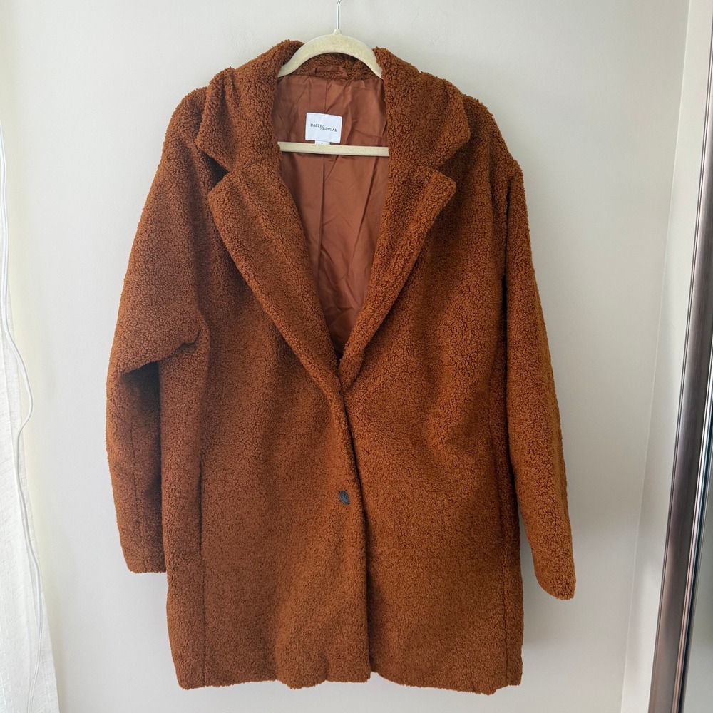 Daily Ritual Womens‎ XL Teddy Bear Coat Rust Brown Sherpa Fleece Jacket Overcoat